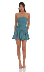 Strapless Ruched Flare Dress in Blue Teal