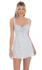 Lace Strap Floral Open Back Dress in Blue