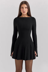 black stretch crepe godet mini dress