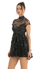 Floral Sequin Baby Doll Dress in Black