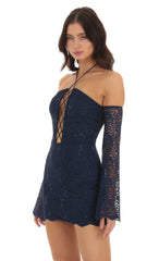 Lace Sequin Off Shoulder Dress in Navy