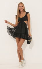 Chiffon Striped Ruffle Dress in Black
