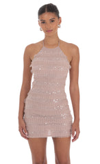 Sequin Ruffle Halter Bodycon Dress in Mauve