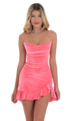 Velvet Ruffled Slit Dress in Coral