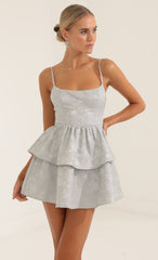 Floral Jacquard Ruffle Dress in Grey