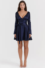 navy plunge mini dress