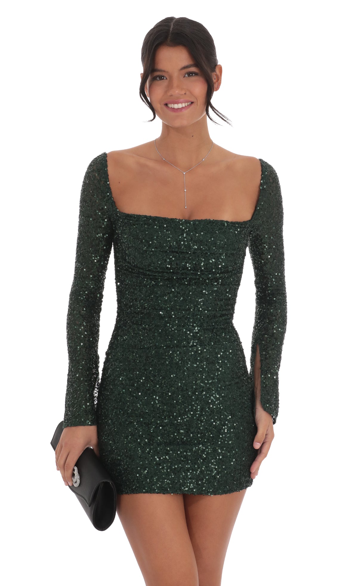 Knit Sequin Long Sleeve Dress in Green