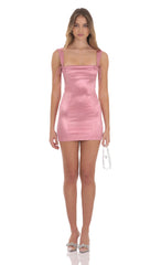 Satin Shoulder Ties Bodycon Dress in Dusty Pink