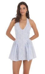 Floral Striped Halter Dress in Blue