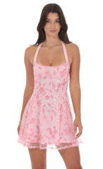 Sequin Floral Halter Open Back Dress in Pink