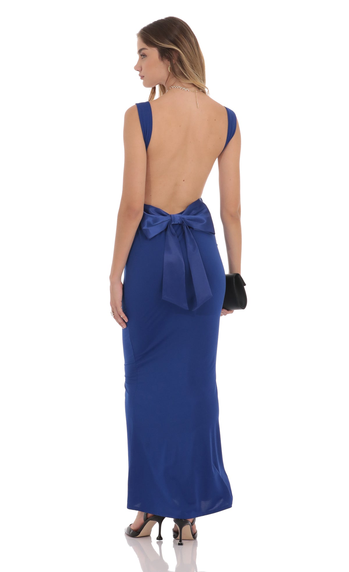 Open Back Bow Maxi Dress in Blue