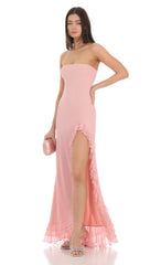 Strapless Mesh Ruffle Maxi Dress in Pink