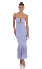 Mesh Ruched Mermaid Midi Dress in Periwinkle