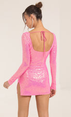 Iridescent Sequin Long Sleeve Dress in Pink