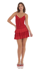 Lace Ruffle Bow Dress in Red
