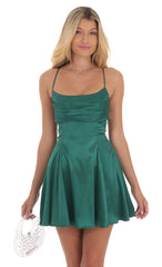 Draped Satin A-Line Dress in Green
