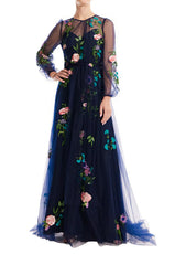 Jewel Neck Puff Sleeve Embroidered Tulle Gown