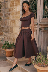 rich brown gathered midi skirt