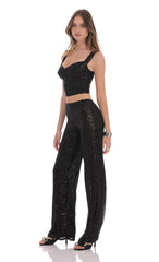 Sequin Satin Strap Two Piece Set in Black