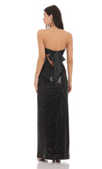 Sequin Satin Back Tie Maxi Dress in Black