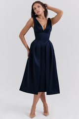 midnight twist strap satin midi dress