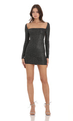 Shimmer Long Sleeve Open Back Bodycon Dress in Black