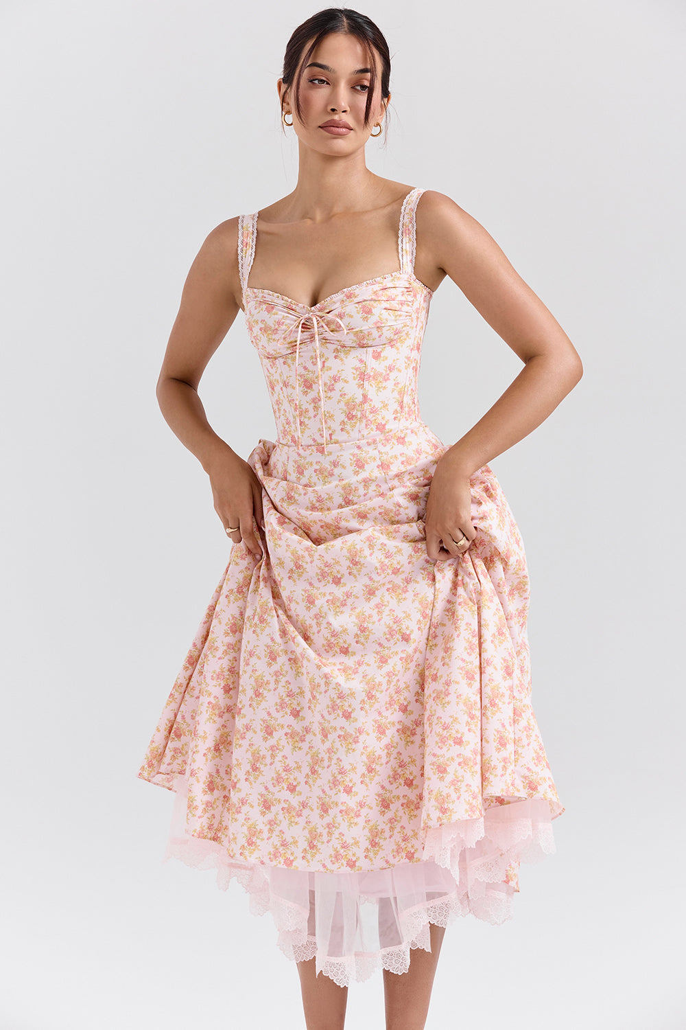 peach poppy print cotton bustier sundress