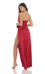 Flower Satin Draped Strapless Maxi Dress in Red