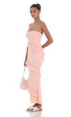 Strapless Spiral Ruffle Maxi Dress in Peach