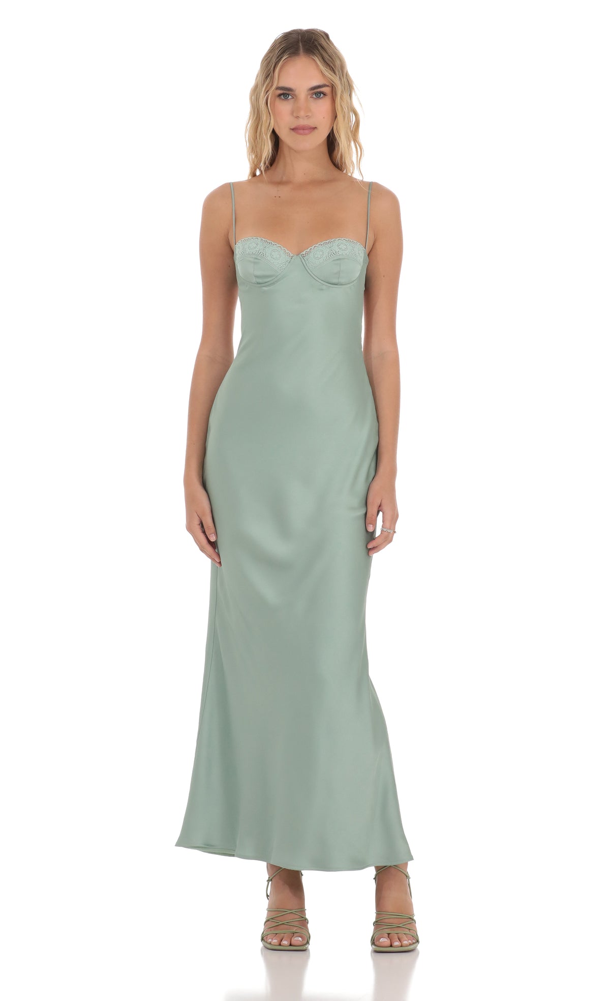 Satin Sweetheart Neck Maxi Dress in Sage Green