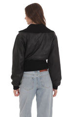Cinched Faux Leather Bomber Jacket in Black