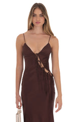 Satin Cutout Ties Maxi Dress in Brown