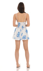 Blue Floral Smocked Ruffle Dress in White