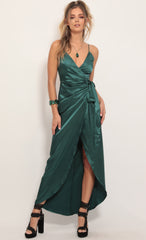 Pleated Satin Maxi Dress in Hunter Green