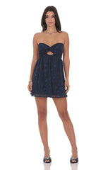 Floral Strapless Babydoll Dress in Navy