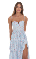 Floral Mesh Ruffle Maxi Dress in Blue