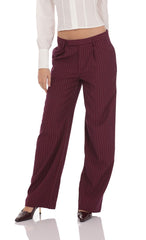 Pinstripe Wide Leg Linen Pants in Burgundy