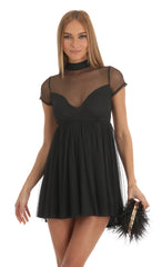 Sheer Mock Neck Baby Doll Dress in Black