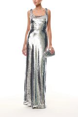 Silver Sequin Scoop Neck Gown