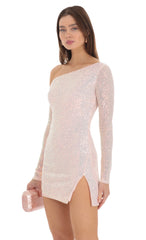 Sequin One Off Shoulder Bodycon Dress in Peach