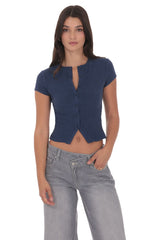 Ribbed Short Sleeve Top in Navy