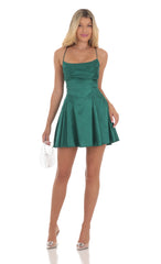 Draped Satin A-Line Dress in Green