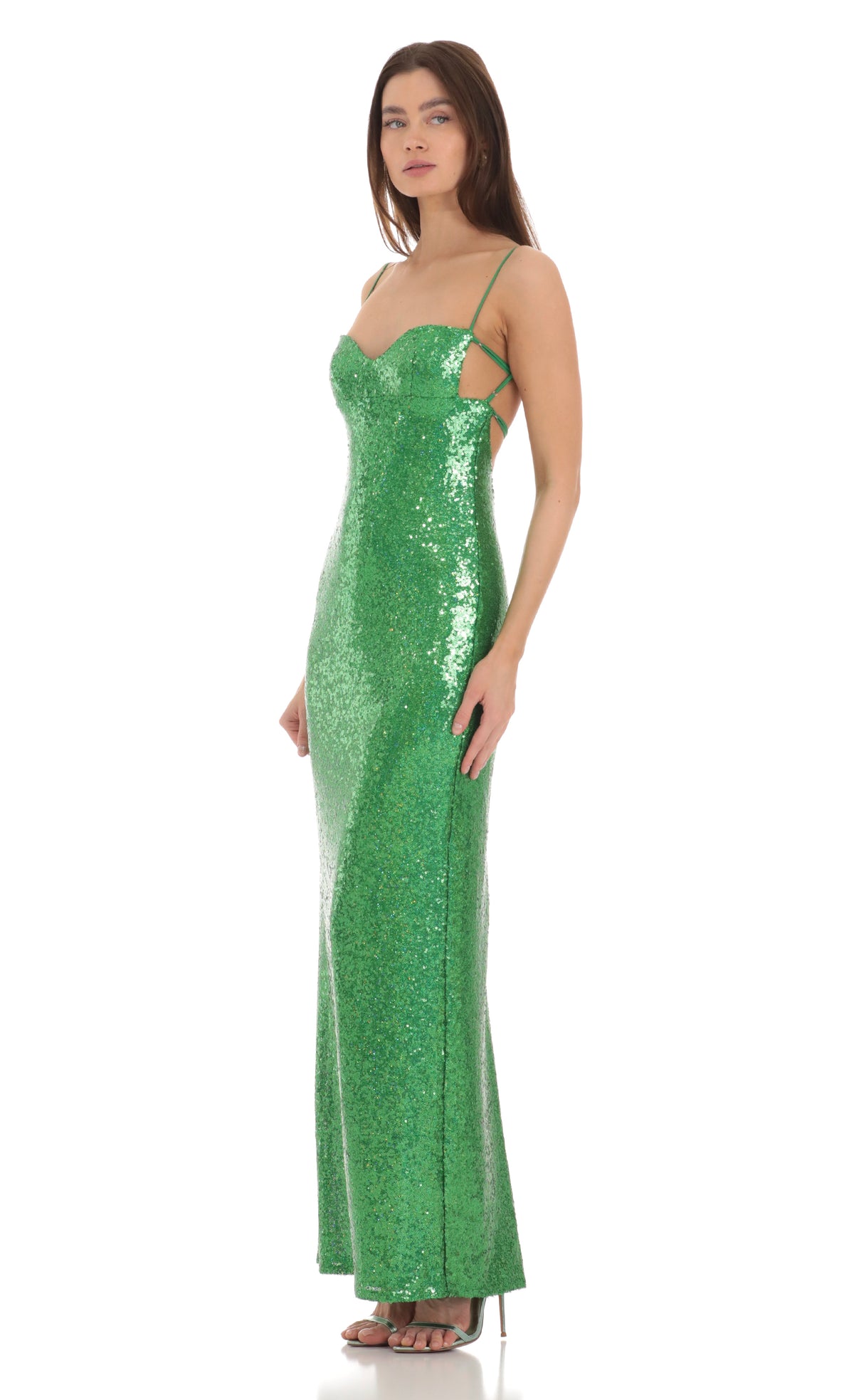 Sequin Open Back Maxi Dress in Green