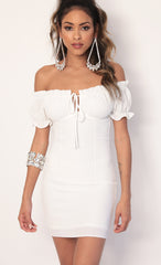 Puff Sleeve Dress in White Pinstripes