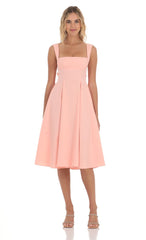 Square Neck Flare Midi Dress in Pink