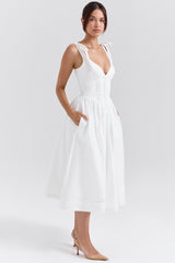 white pin tuck cotton midi sundress