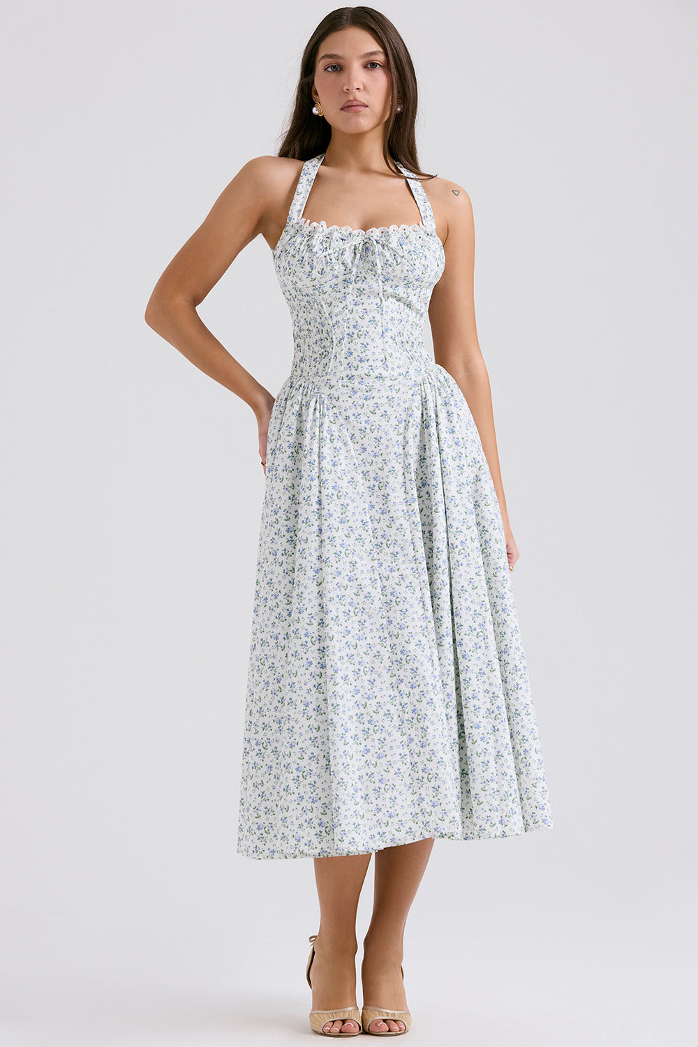 white bluebell print cotton halter sundress