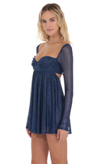 Foil Long Sleeve Babydoll Dress in Navy