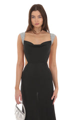 Silver Sequin Open Back Cowl Neck Dress in Black