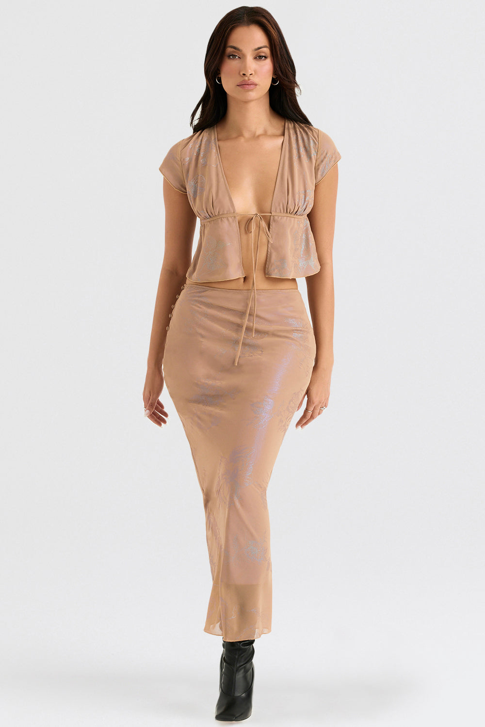 shimmer cafe au lait bias cut maxi skirt